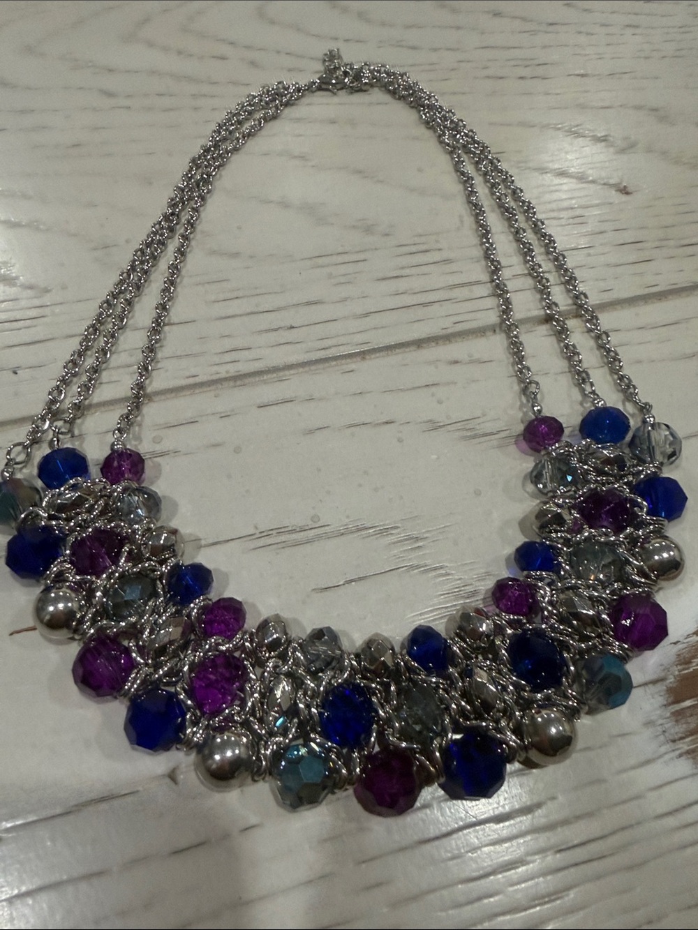 Silver Statement Necklace with Blue and Purple Crystal Beads